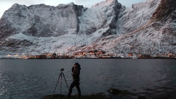Kelsey Wood taking photos in Reine, Lofoten Islands, Norway